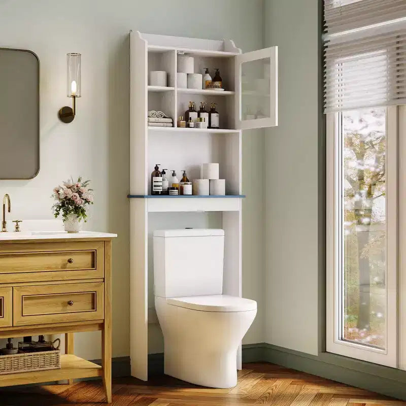 Over The Toilet Storage Cabinet with Adjustable Shelves and Glass Door,Tall Bathroom Organizer Space Saver Over Toilet,Wood Rack for Bathroom