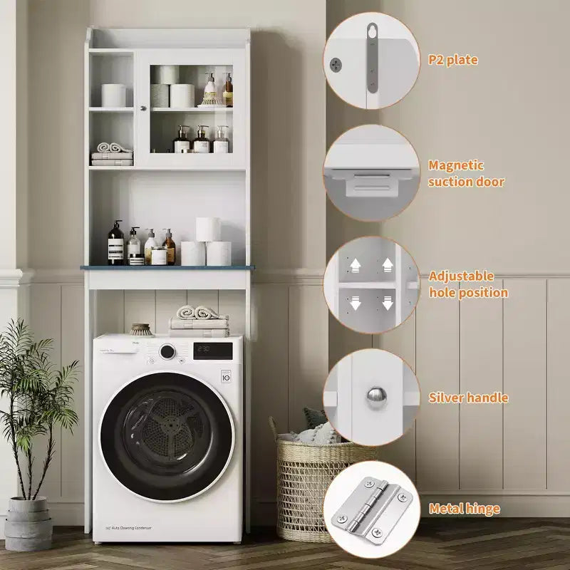 Meuble de rangement au-dessus des toilettes avec étagères réglables et porte vitrée, Étagère haute de salle de bain peu encombrante au-dessus des toilettes, Étagère en bois pour salle de bain