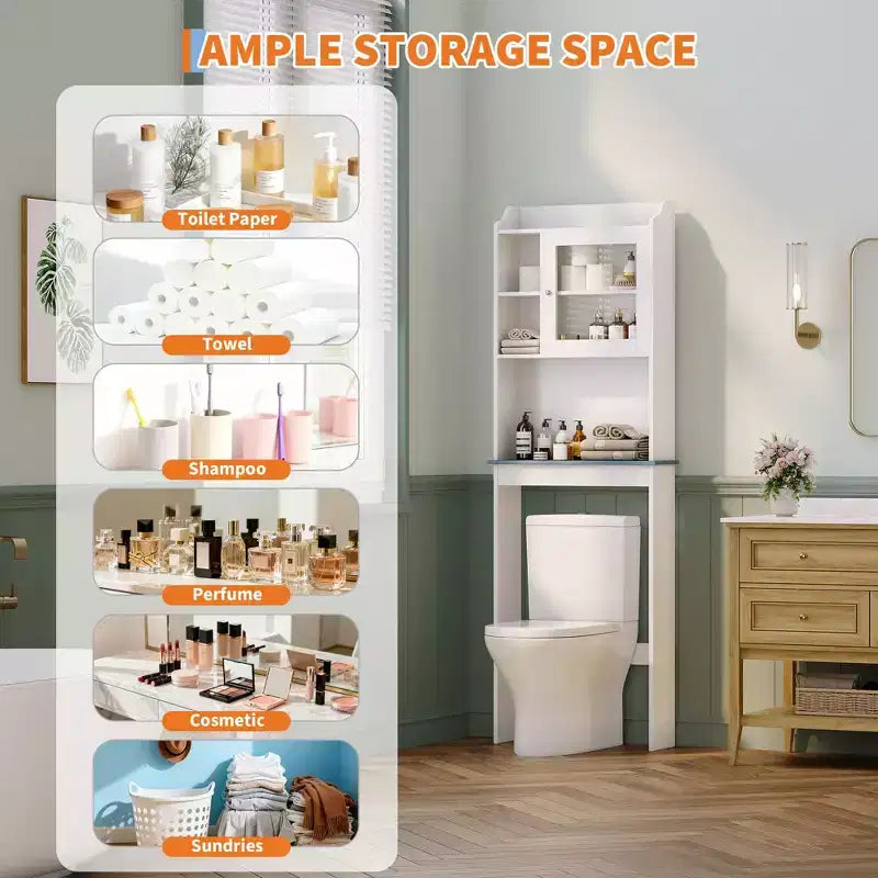 Meuble de rangement au-dessus des toilettes avec étagères réglables et porte vitrée, Étagère haute de salle de bain peu encombrante au-dessus des toilettes, Étagère en bois pour salle de bain