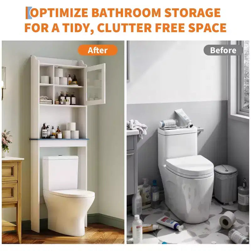 Meuble de rangement au-dessus des toilettes avec étagères réglables et porte vitrée, Étagère haute de salle de bain peu encombrante au-dessus des toilettes, Étagère en bois pour salle de bain