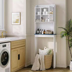 Meuble de rangement au-dessus des toilettes avec étagères réglables et porte vitrée, Étagère haute de salle de bain peu encombrante au-dessus des toilettes, Étagère en bois pour salle de bain