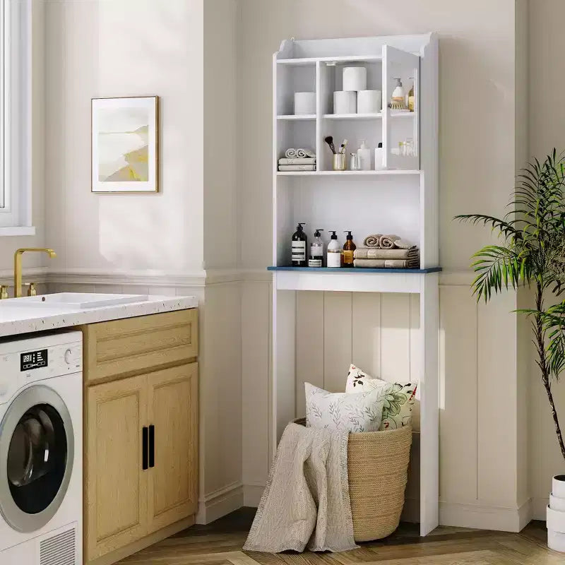 Meuble de rangement au-dessus des toilettes avec étagères réglables et porte vitrée, Étagère haute de salle de bain peu encombrante au-dessus des toilettes, Étagère en bois pour salle de bain