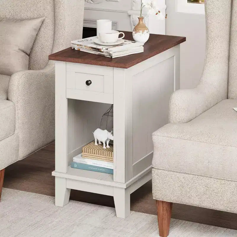 Narrow Side Table with Charging Station Small Farmhouse End Tables Storage Nightstand Bedside Tables Living Room Sofa Table