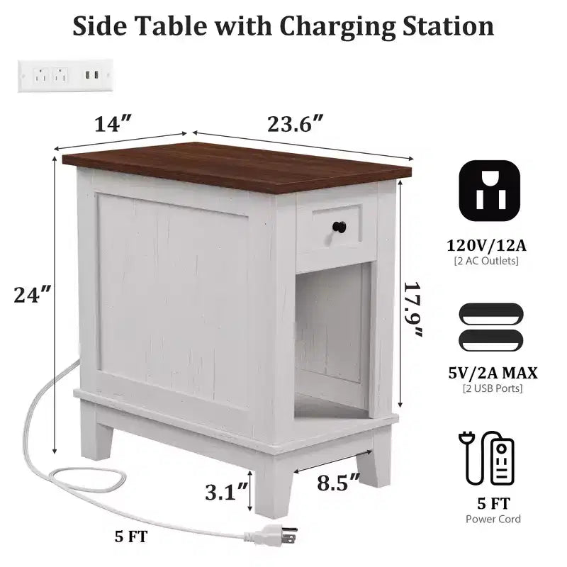 Table d'appoint étroite avec station de charge, petites tables d'appoint de ferme, table de nuit de rangement, tables de chevet, table de canapé de salon