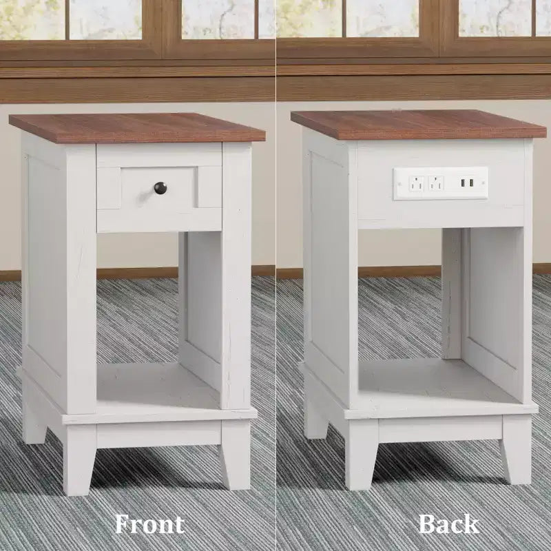 Table d'appoint étroite avec station de charge, petites tables d'appoint de ferme, table de nuit de rangement, tables de chevet, table de canapé de salon