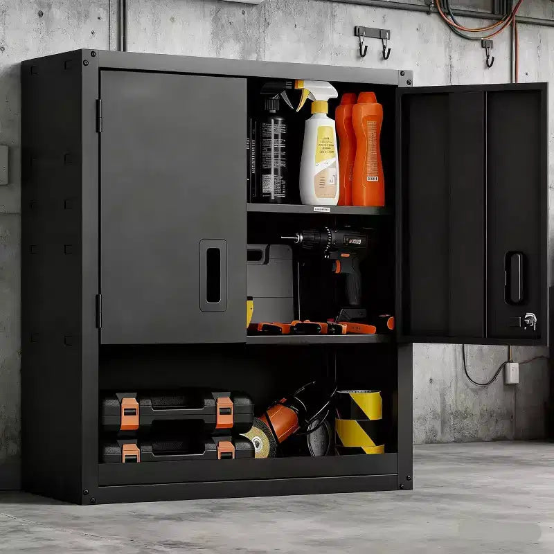 Metal wall cabinet with adjustable shelves and lockable doors