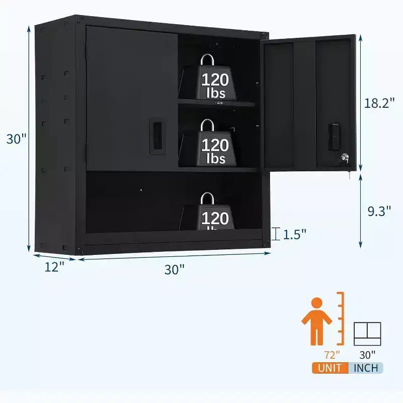 Armoire à outils murale en acier noir — Double porte, 3 étagères