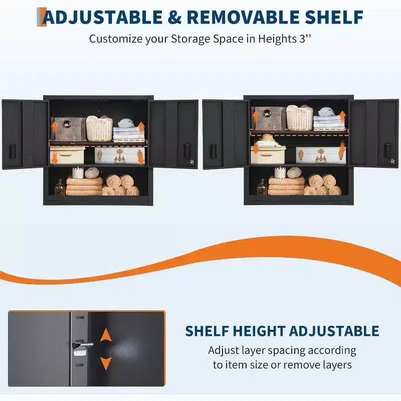 Armoire à outils murale en acier noir — Double porte, 3 étagères