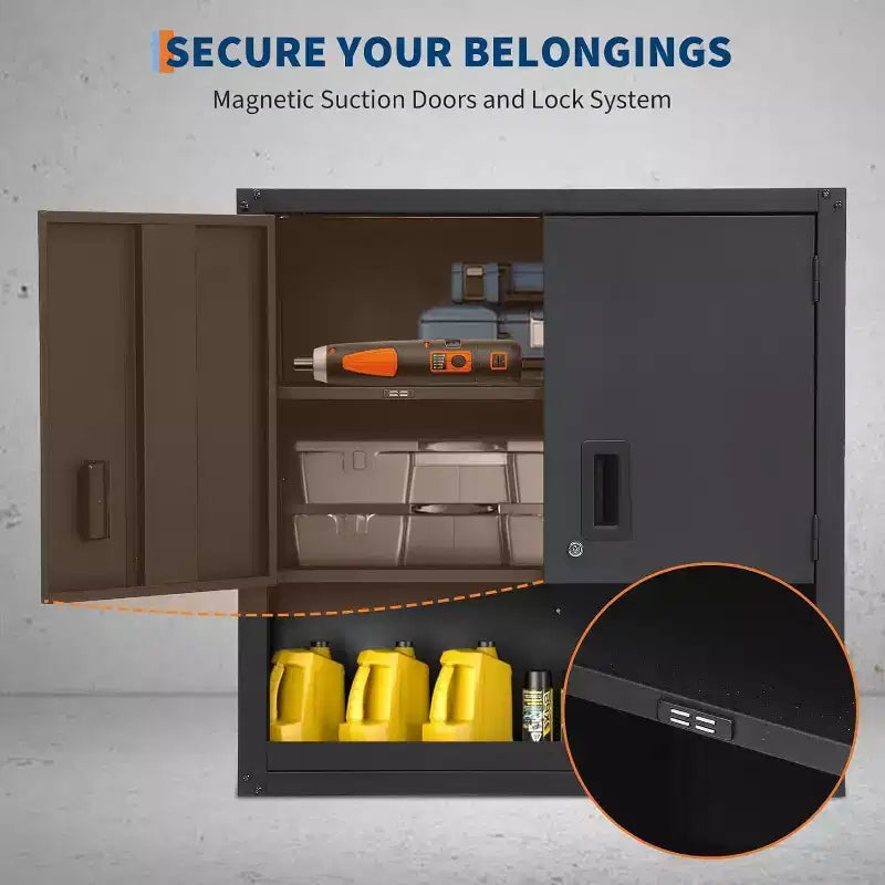 Armoire à outils murale en acier noir — Double porte, 3 étagères
