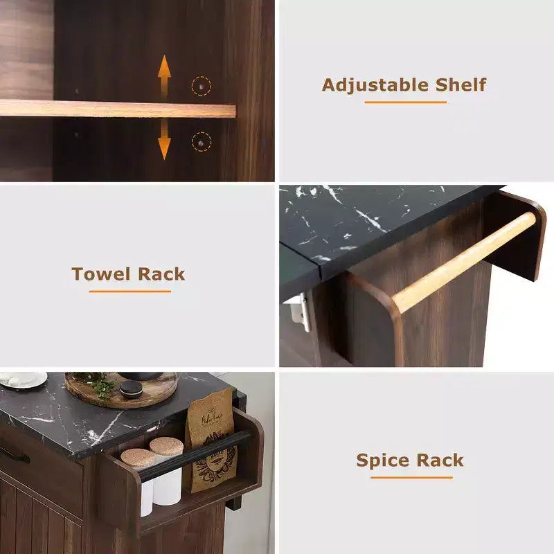 Desserte îlot de cuisine à roulettes escamotable marron/gris avec rangement, pour 1 à 2 personnes