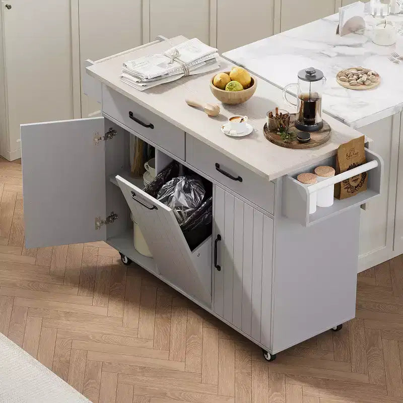 Desserte îlot de cuisine à roulettes escamotable marron/gris avec rangement, pour 1 à 2 personnes