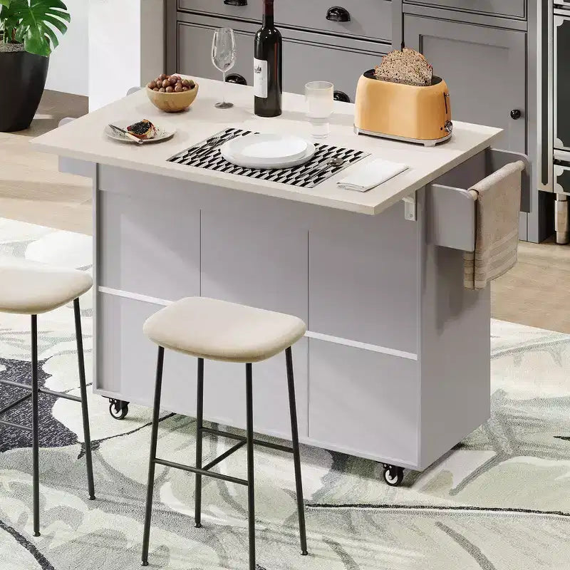 Desserte îlot de cuisine à roulettes escamotable marron/gris avec rangement, pour 1 à 2 personnes