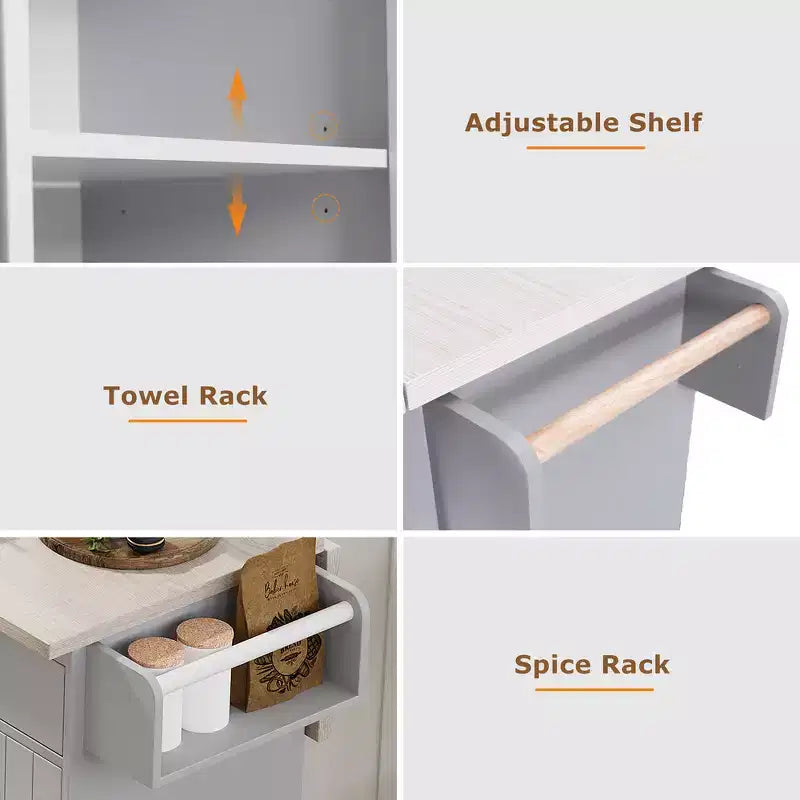 Desserte îlot de cuisine à roulettes escamotable marron/gris avec rangement, pour 1 à 2 personnes