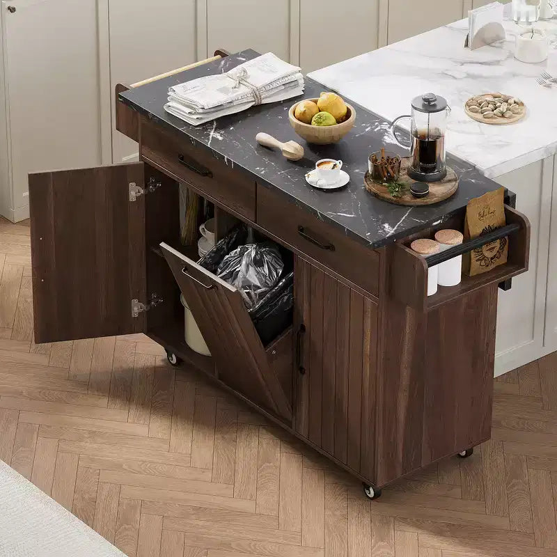 Desserte îlot de cuisine à roulettes escamotable marron/gris avec rangement, pour 1 à 2 personnes