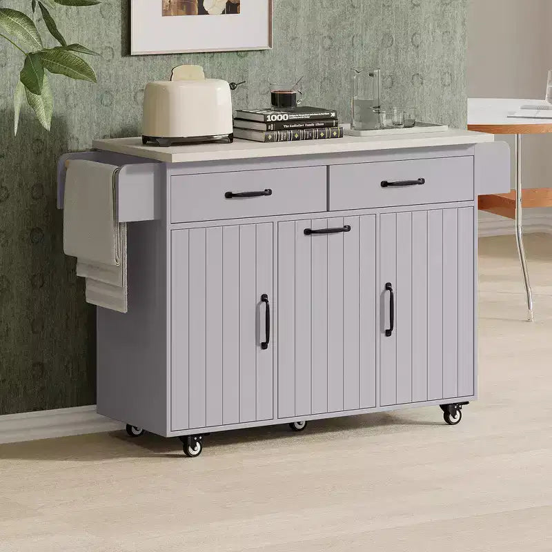 Desserte îlot de cuisine à roulettes escamotable marron/gris avec rangement, pour 1 à 2 personnes