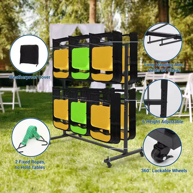 Chariot de rangement pliable en acier robuste noir pour chaises et tables – Jusqu'à 84 chaises ou 42 chaises + 12 tables, roues pivotantes à 360° avec freins
