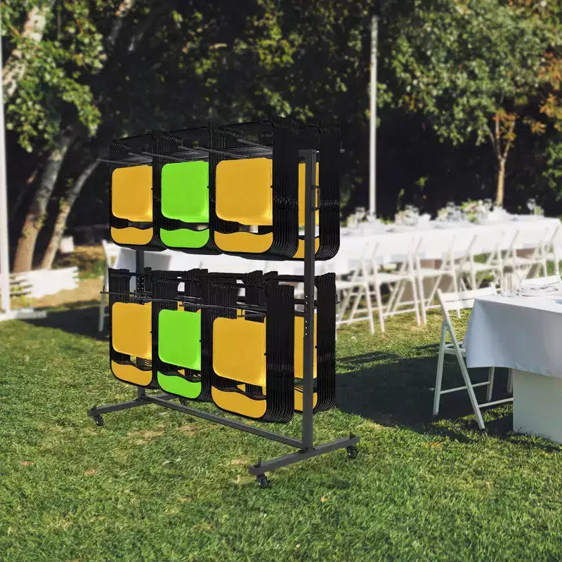 Chariot de rangement pliable en acier robuste noir pour chaises et tables – Jusqu'à 84 chaises ou 42 chaises + 12 tables, roues pivotantes à 360° avec freins