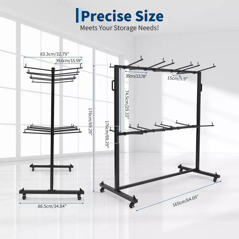 Chariot de rangement pliable en acier robuste noir pour chaises et tables – Jusqu'à 84 chaises ou 42 chaises + 12 tables, roues pivotantes à 360° avec freins