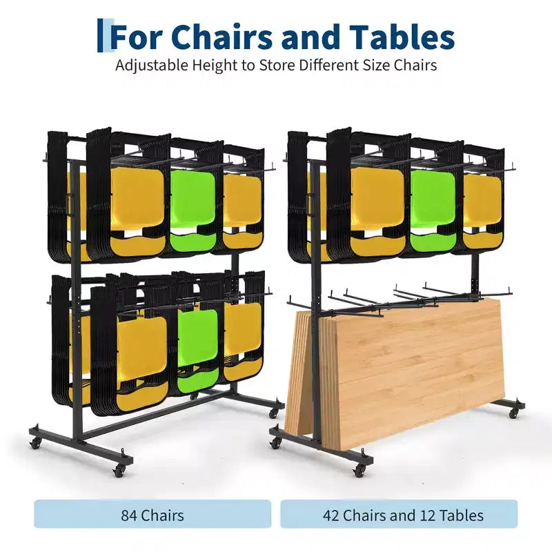 Chariot de rangement pliable en acier robuste noir pour chaises et tables – Jusqu'à 84 chaises ou 42 chaises + 12 tables, roues pivotantes à 360° avec freins