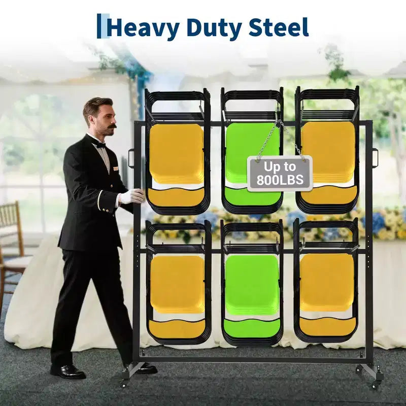 Chariot de rangement pliable en acier robuste noir pour chaises et tables – Jusqu'à 84 chaises ou 42 chaises + 12 tables, roues pivotantes à 360° avec freins