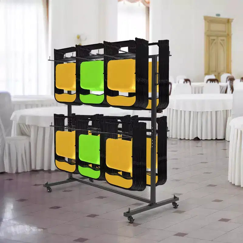Chariot de rangement pliable en acier robuste noir pour chaises et tables – Jusqu'à 84 chaises ou 42 chaises + 12 tables, roues pivotantes à 360° avec freins