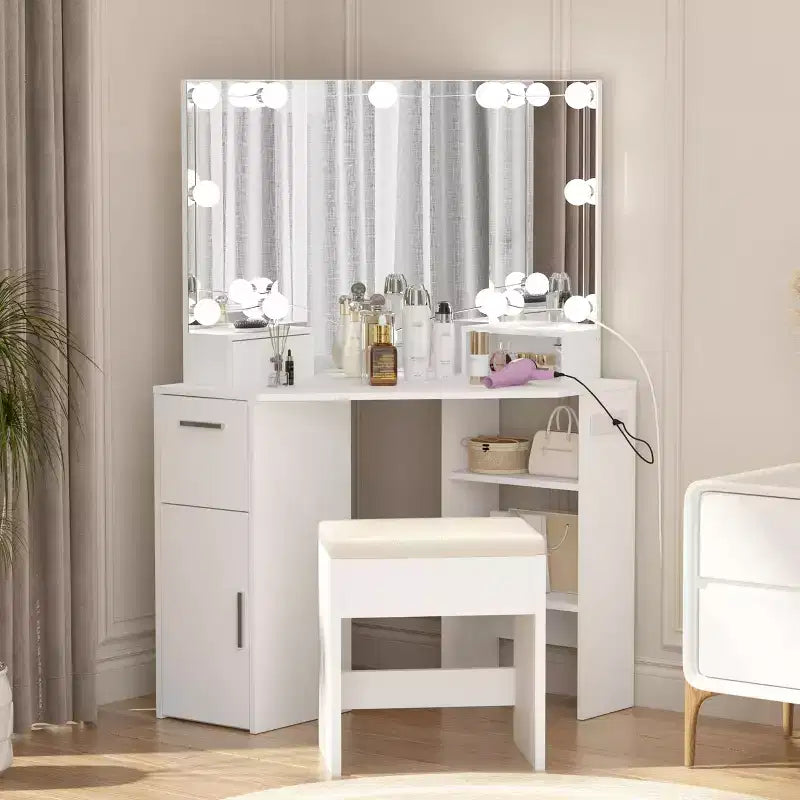 Corner Makeup Vanity Set with Mirror, White Dressing Table with Drawer & Stool, Space-Saving Vanity for Bedroom & Small Spaces