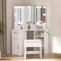 Corner Makeup Vanity Set with Mirror, White Dressing Table with Drawer & Stool, Space-Saving Vanity for Bedroom & Small Spaces
