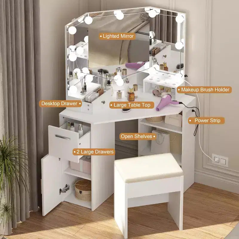 Coiffeuse d'angle blanche avec miroir et tabouret, 1 personne