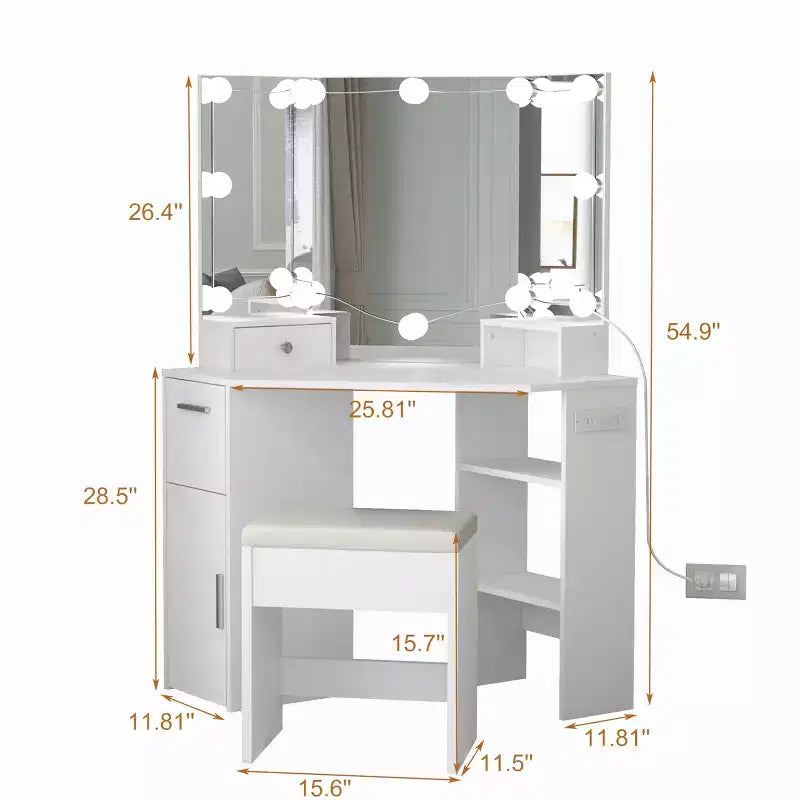 Coiffeuse d'angle blanche avec miroir et tabouret, 1 personne