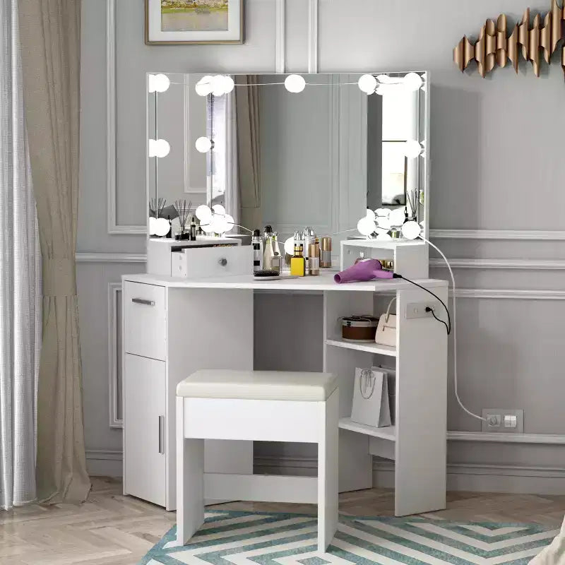 Coiffeuse d'angle blanche avec miroir et tabouret, 1 personne