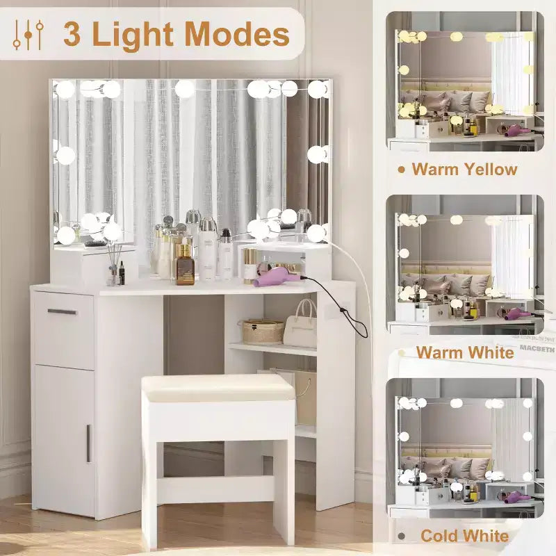 Coiffeuse d'angle blanche avec miroir et tabouret, 1 personne