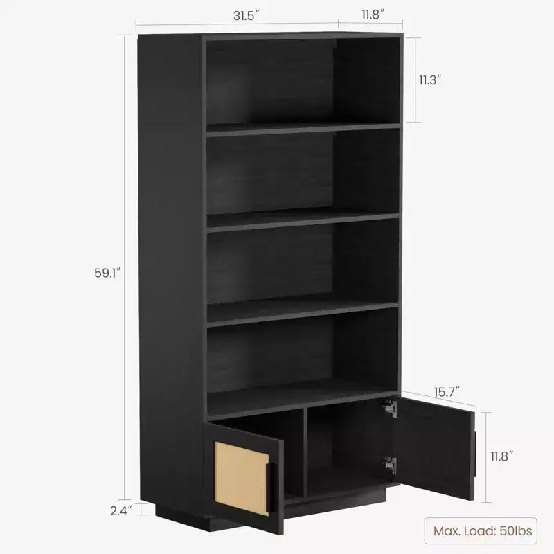 Bibliothèque bohème à 5 niveaux avec portes en rotin, noir/naturel – Montage par 1 personne