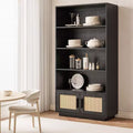 5 Tier Boho Bookcase with Rattan Doors, Wooden Bookshelf w/Storage, Tall Open Shelf Book Stand for Living Room, Bedroom, Home Office & Kitchen