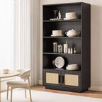 5 Tier Boho Bookcase with Rattan Doors, Wooden Bookshelf w/Storage, Tall Open Shelf Book Stand for Living Room, Bedroom, Home Office & Kitchen