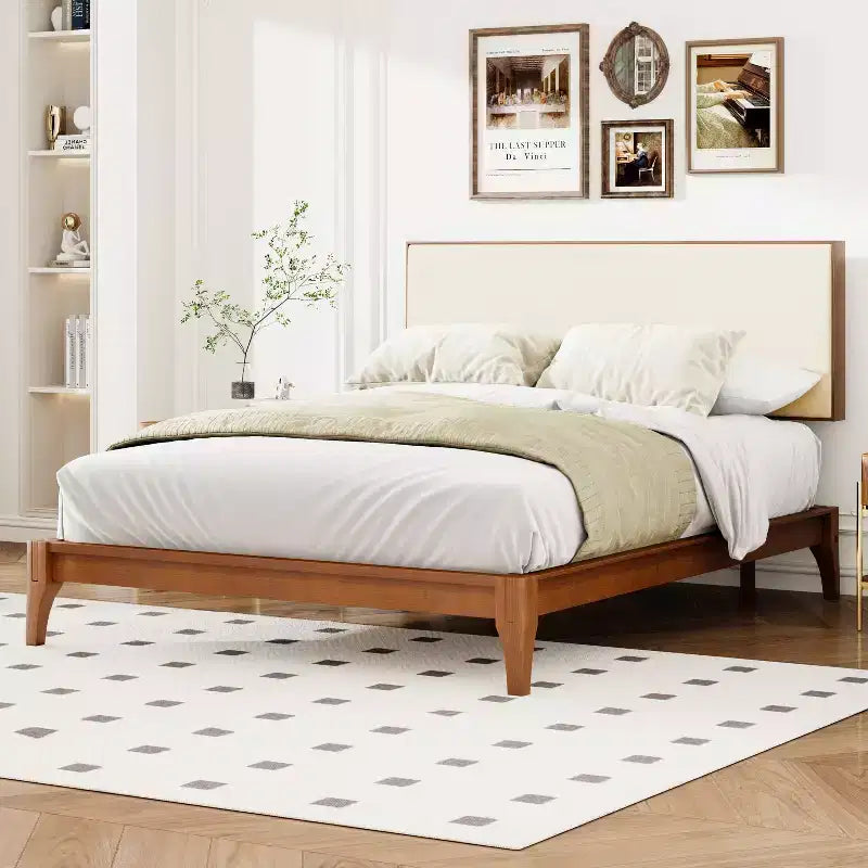 Lit plateforme en lin naturel avec tête de lit réglable, Double/Queen/King, 2 personnes