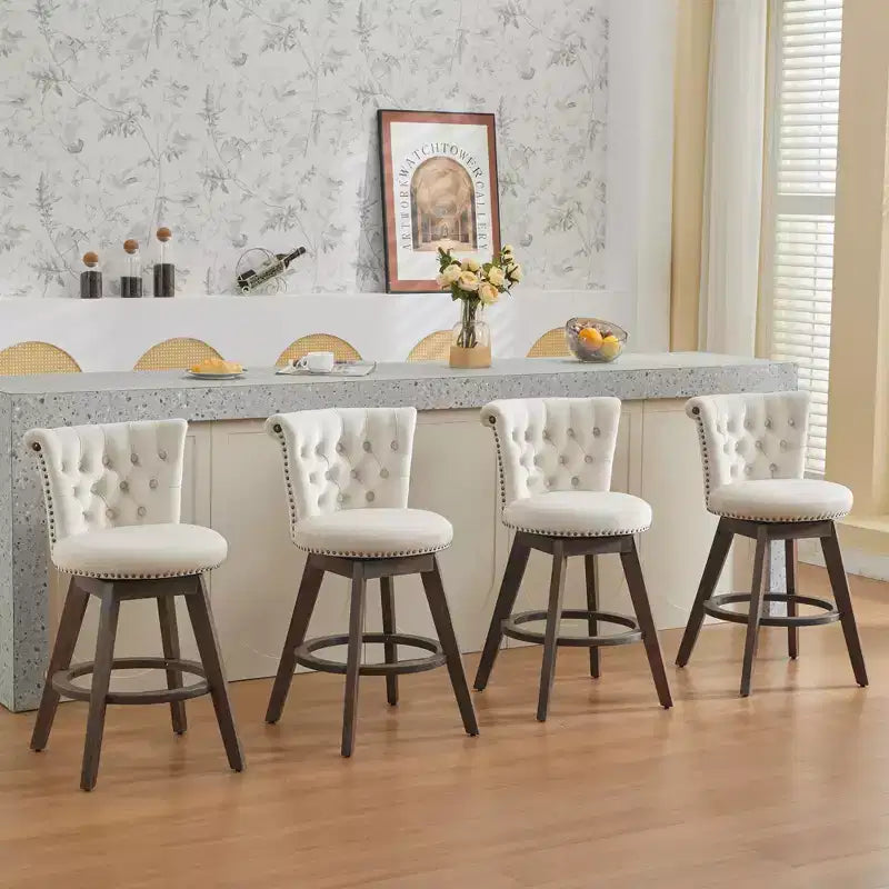 Tabourets de bar pivotants en velours, beige/gris, dossier mi-hauteur capitonné, lot de 2
