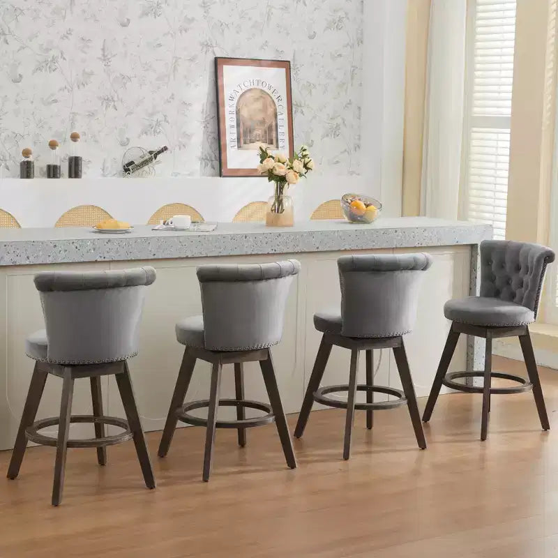Tabourets de bar pivotants en velours, beige/gris, dossier mi-hauteur capitonné, lot de 2