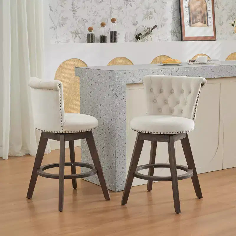 Tabourets de bar pivotants en velours, beige/gris, dossier mi-hauteur capitonné, lot de 2