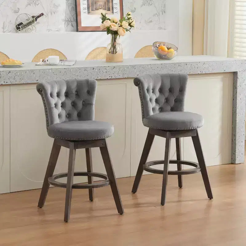 TUYOHW 26Counter Height Bar Stools Set of 2,Swivel Bar Chairs with Tufted Button Backrest,Velvet Kitchen Counter Stools for Home,Bar,Dining Room