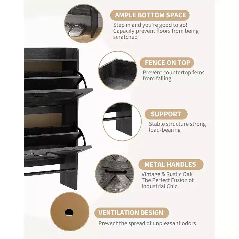 Meuble à chaussures à tiroirs basculants Beige/Noir/Marron/Blanc — Autonome, peut contenir 12 paires