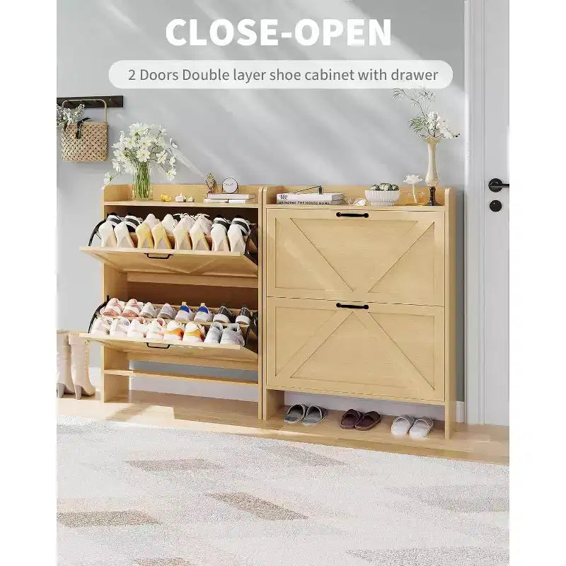 Meuble à chaussures à tiroirs basculants Beige/Noir/Marron/Blanc — Autonome, peut contenir 12 paires