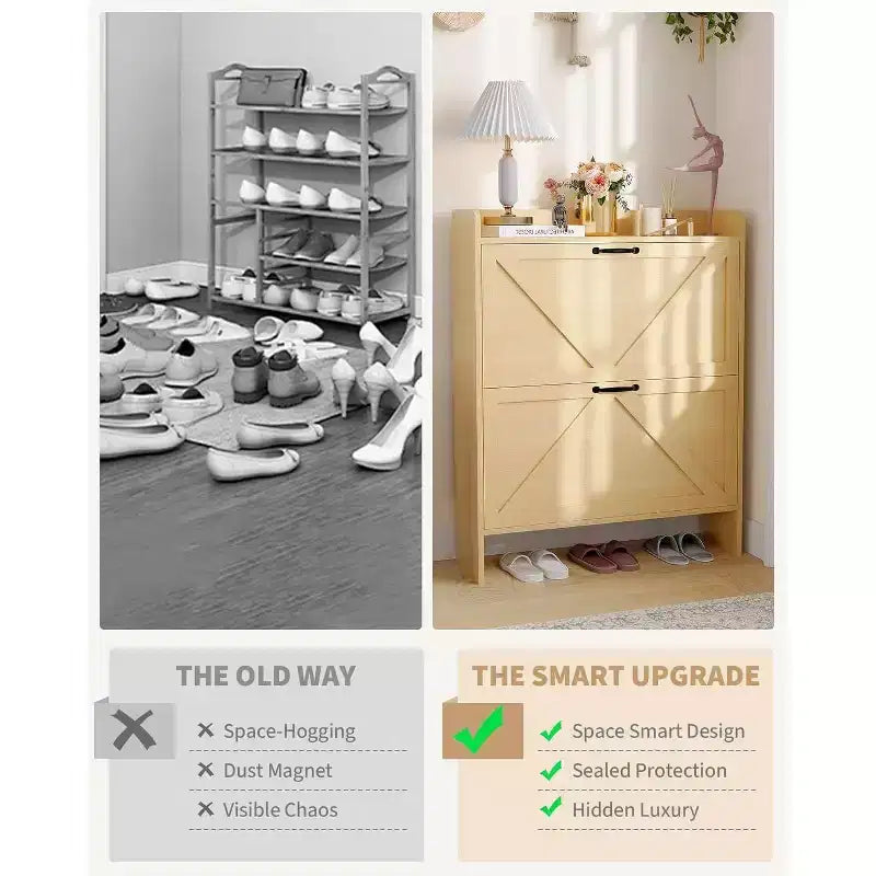 Meuble à chaussures à tiroirs basculants Beige/Noir/Marron/Blanc — Autonome, peut contenir 12 paires
