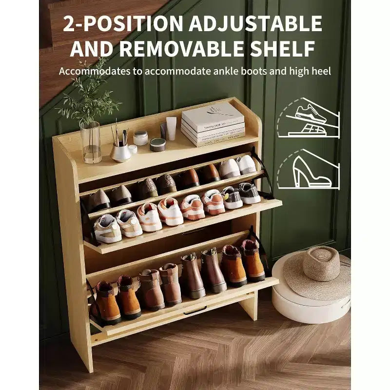 Meuble à chaussures à tiroirs basculants Beige/Noir/Marron/Blanc — Autonome, peut contenir 12 paires