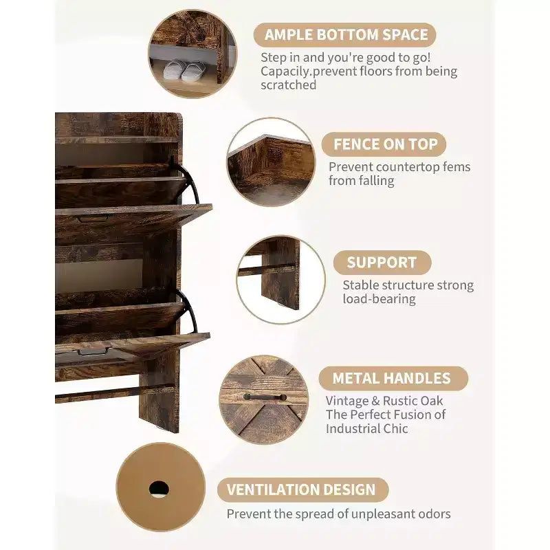 Meuble à chaussures à tiroirs basculants Beige/Noir/Marron/Blanc — Autonome, peut contenir 12 paires