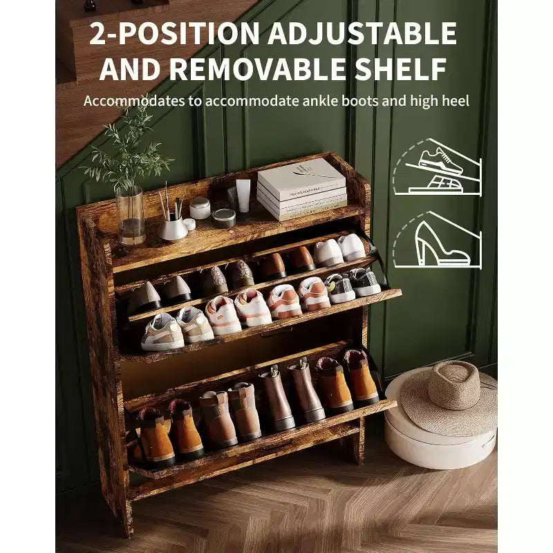 Meuble à chaussures à tiroirs basculants Beige/Noir/Marron/Blanc — Autonome, peut contenir 12 paires
