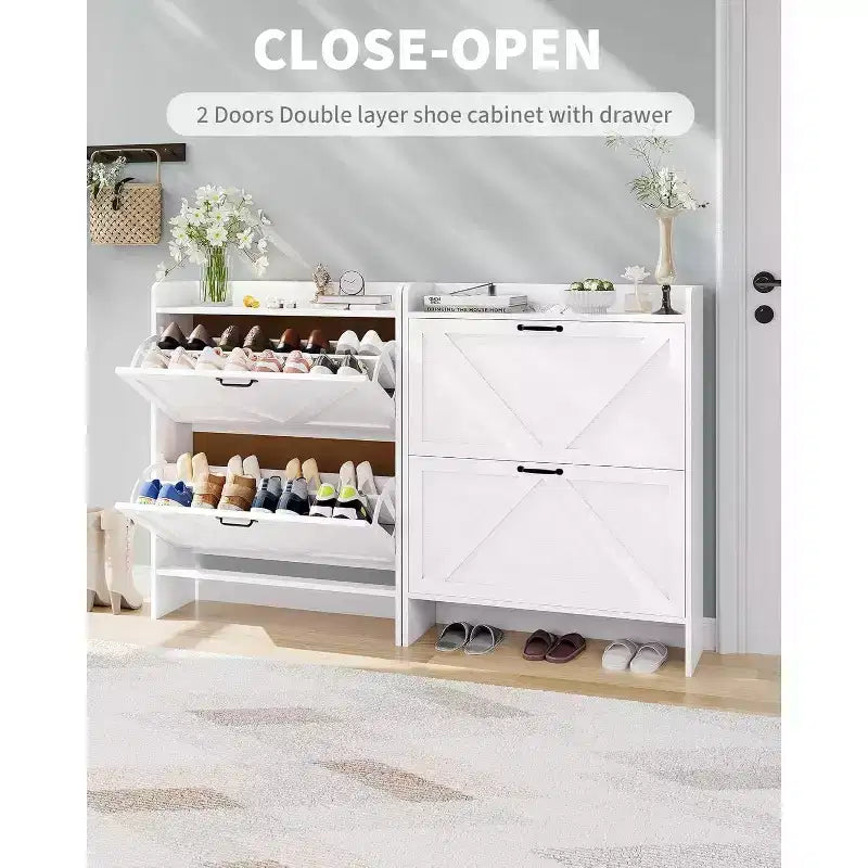 Meuble à chaussures à tiroirs basculants Beige/Noir/Marron/Blanc — Autonome, peut contenir 12 paires