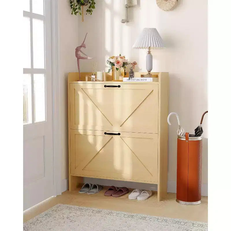 Meuble à chaussures à tiroirs basculants Beige/Noir/Marron/Blanc — Autonome, peut contenir 12 paires