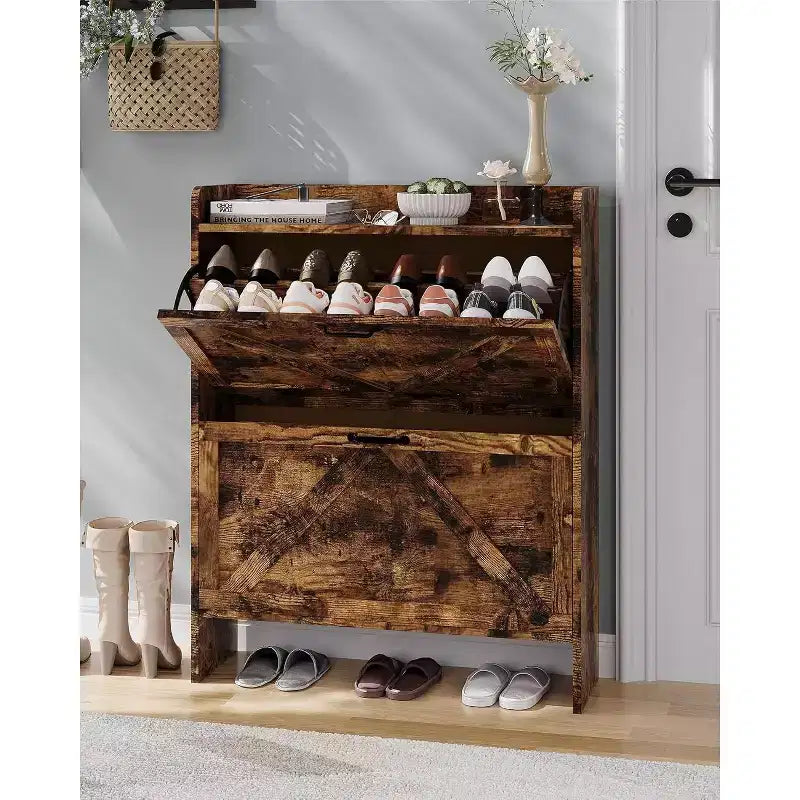 Meuble à chaussures à tiroirs basculants Beige/Noir/Marron/Blanc — Autonome, peut contenir 12 paires