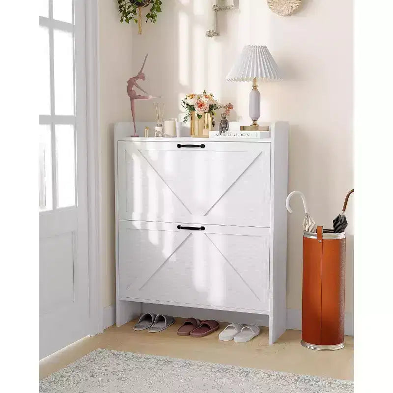 Slim Shoe Storage Cabinet with 2 Flip Drawers - Freestanding Hidden Shoe Organizer with Metal Legs for Entryway Hallway, Space-Saving Compact Design