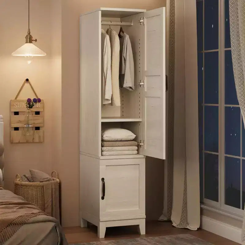 COZONY Tall Wardrobe Cabinet with 2 Doors, Adjustable Shelf & Hanging Rod, Narrow Storage Armoire for Bedroom Organization